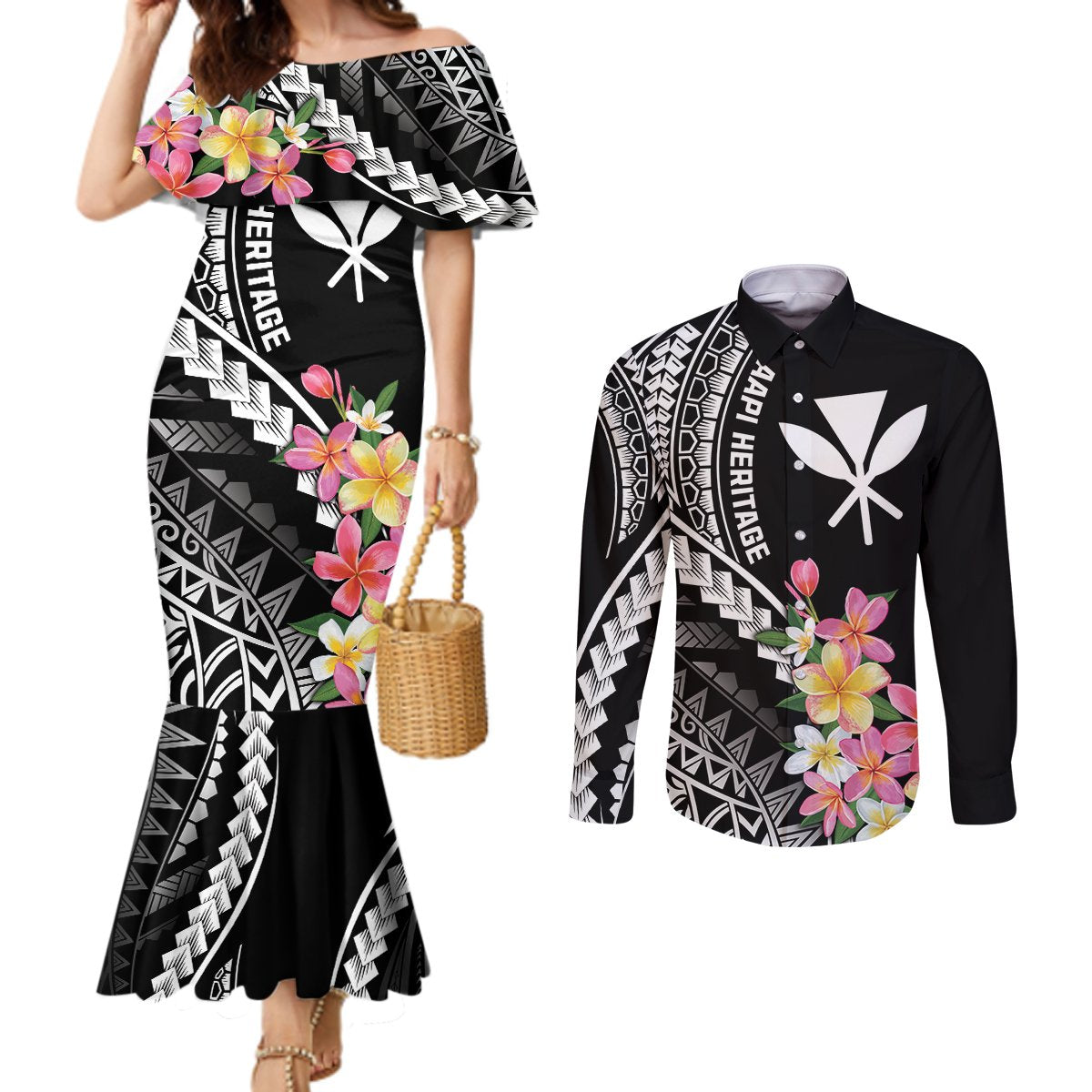 AAPI Heritage Month Couples Matching Mermaid Dress and Long Sleeve Button Shirt Kanaka Hawaii Plumeria