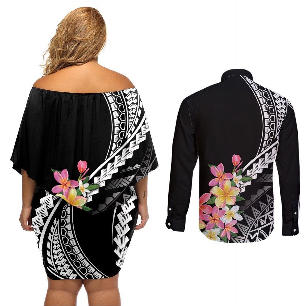 AAPI Heritage Month Couples Matching Off Shoulder Short Dress and Long Sleeve Button Shirt Kanaka Hawaii Plumeria LT7 - Polynesian Pride