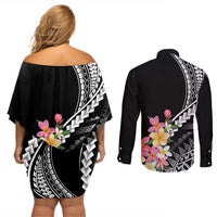 AAPI Heritage Month Couples Matching Off Shoulder Short Dress and Long Sleeve Button Shirt Kanaka Hawaii Plumeria LT7 - Polynesian Pride