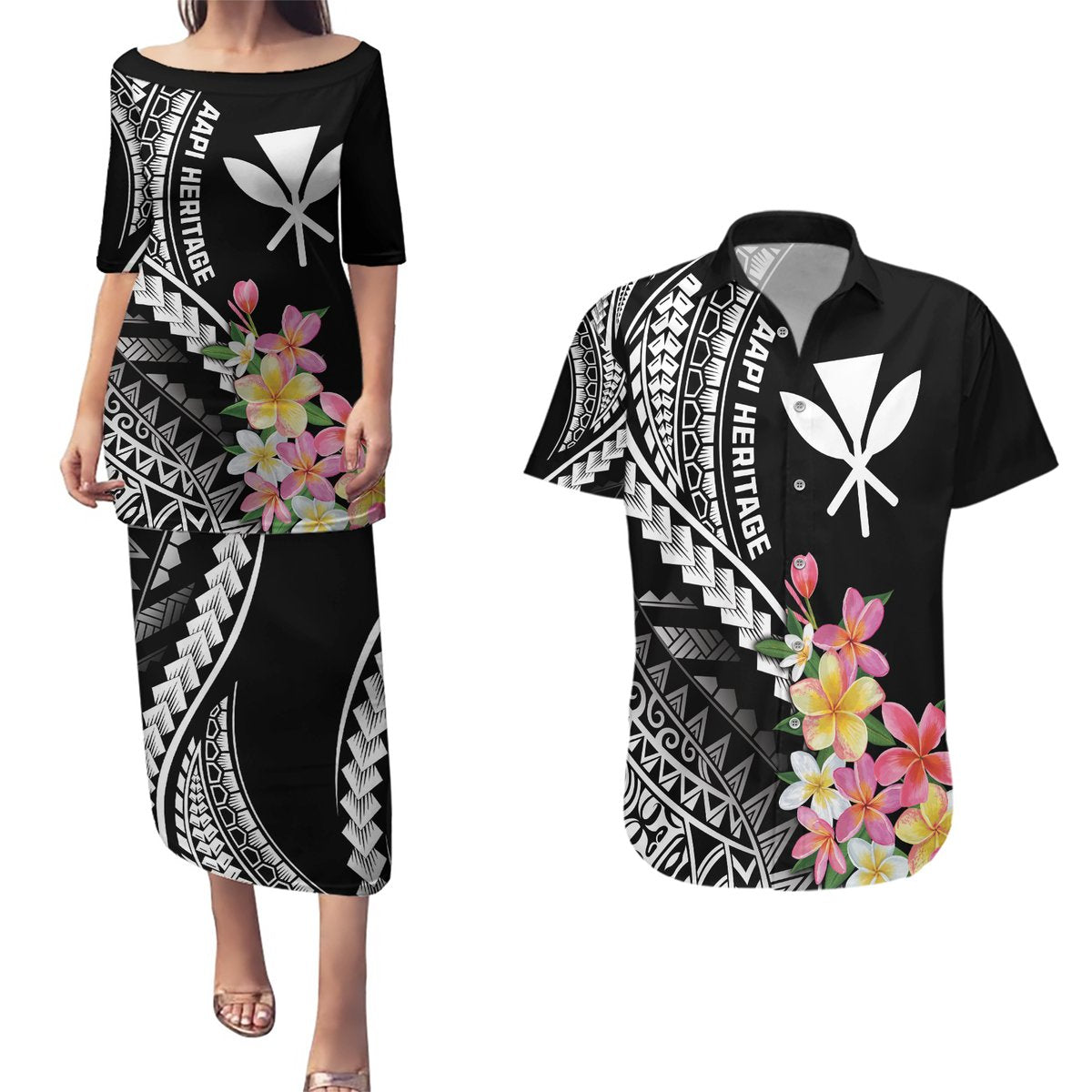 AAPI Heritage Month Couples Matching Puletasi and Hawaiian Shirt Kanaka Hawaii Plumeria LT7 Black - Polynesian Pride