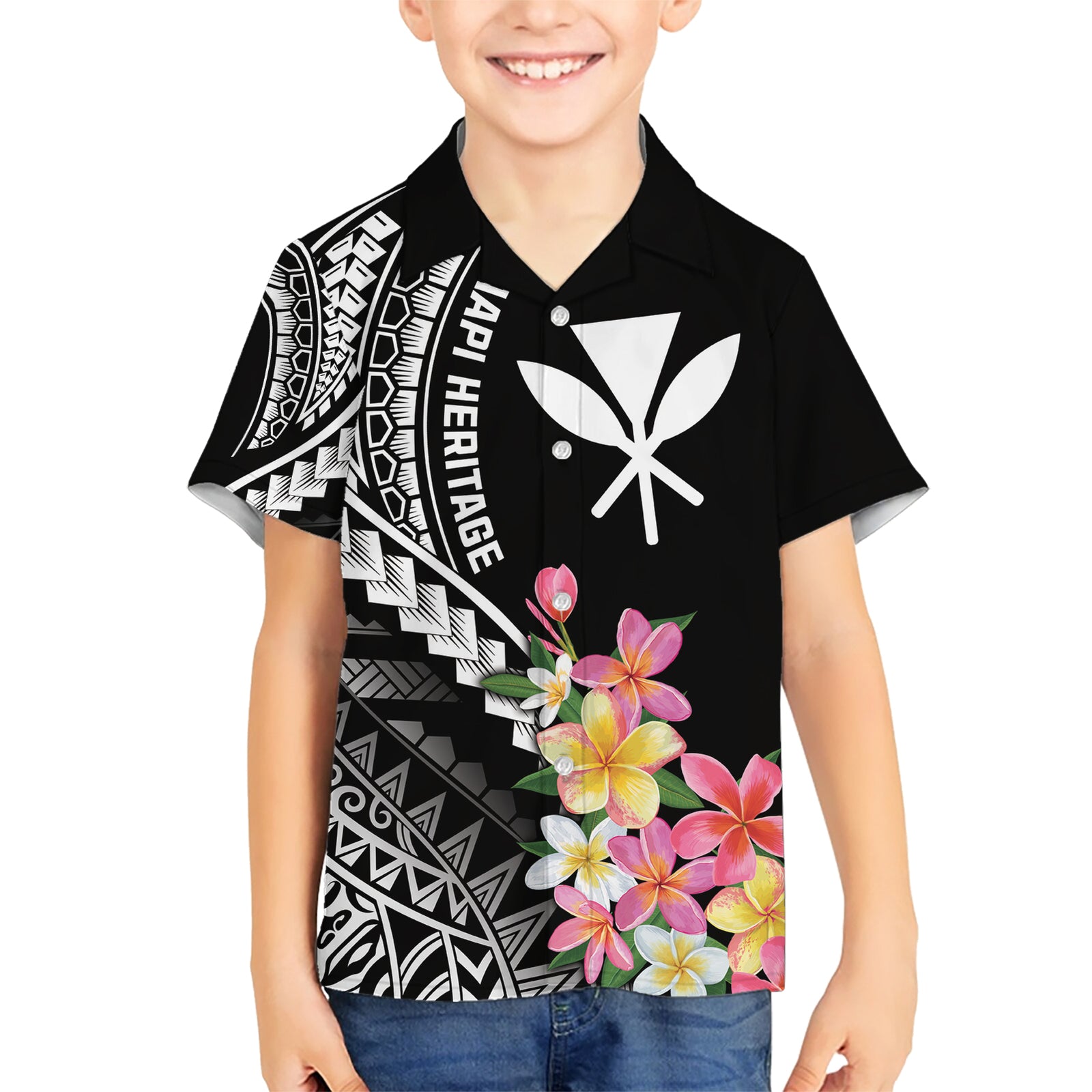 AAPI Heritage Month Kid Hawaiian Shirt Kanaka Hawaii Plumeria LT7 Kid Black - Polynesian Pride