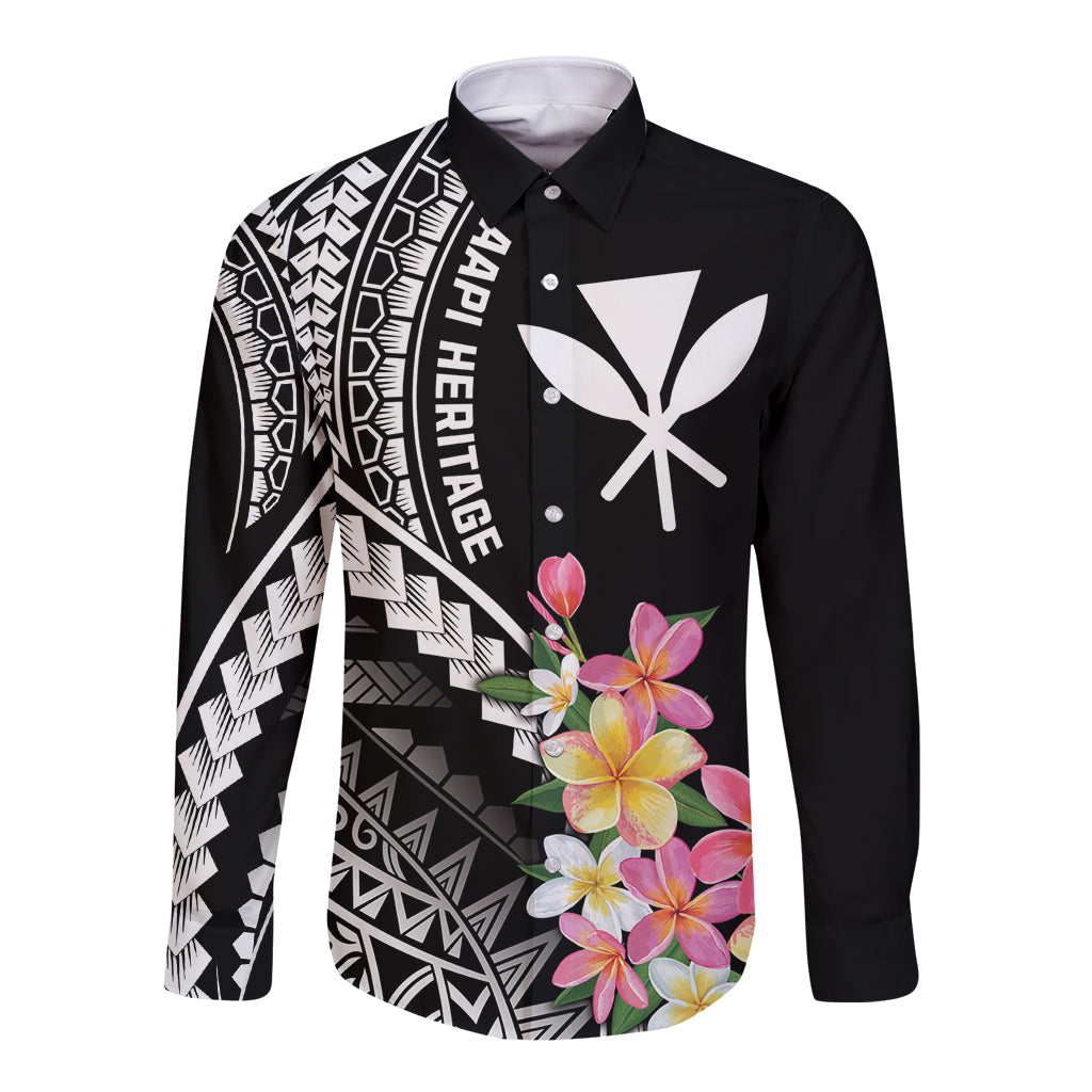 AAPI Heritage Month Long Sleeve Button Shirt Kanaka Hawaii Plumeria LT7 Unisex Black - Polynesian Pride