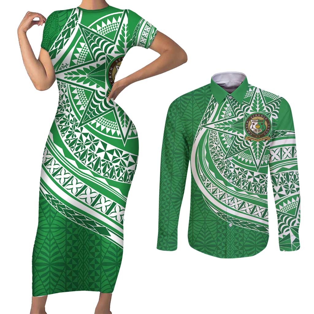Tonga Liahona High School Personalized Couples Matching Short Sleeve Bodycon Dress and Long Sleeve Button Shirt Ngatu Tokelaufeletoa Motifs