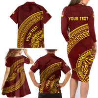 Tonga High School Family Matching Long Sleeve Bodycon Dress and Hawaiian Shirt THS Anniversary Ngatu Motif