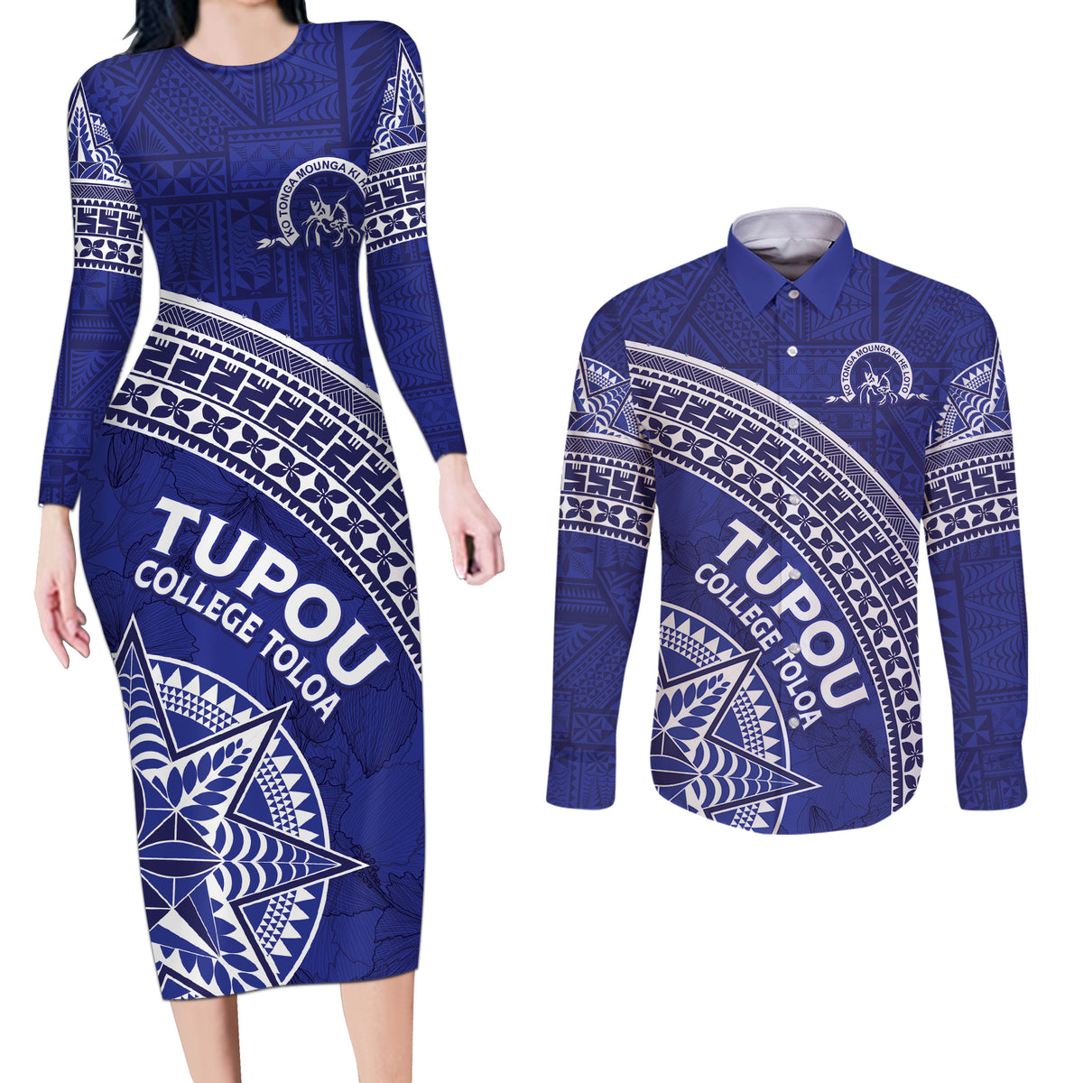 Tupou College Toloa Couples Matching Long Sleeve Bodycon Dress and Long Sleeve Button Shirt Ngatu Tapa Mix Style