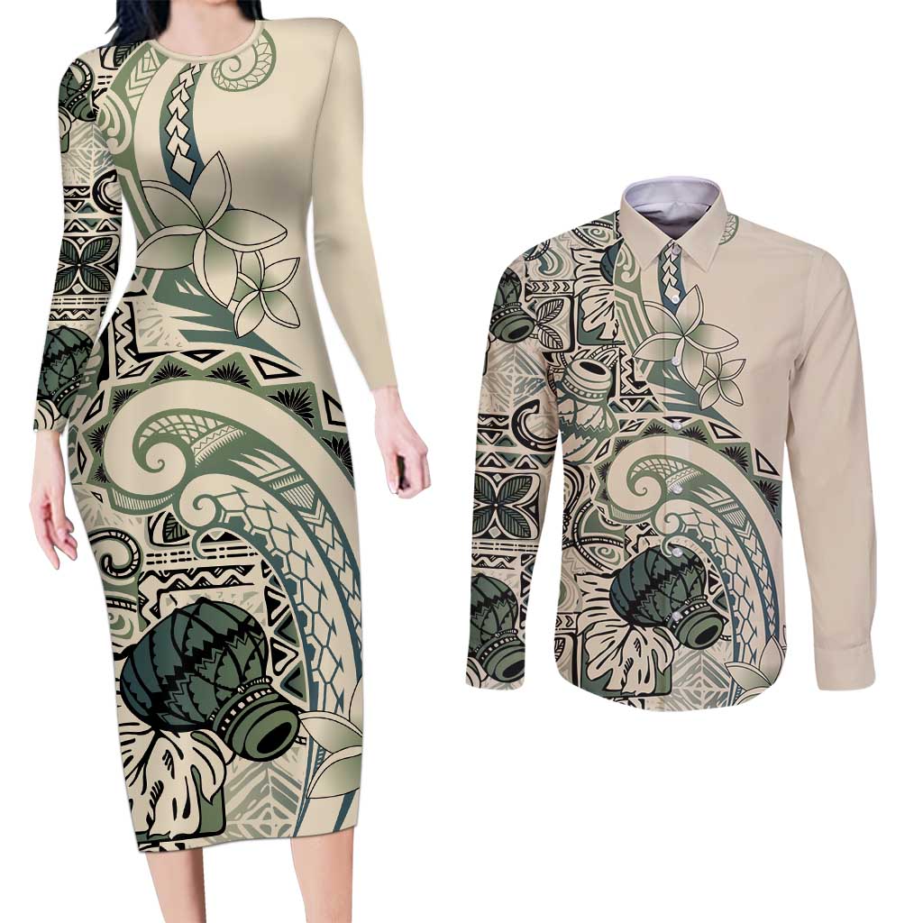 Aloha Hawaii Tapa Couples Matching Long Sleeve Bodycon Dress and Long Sleeve Button Shirt Summer Green Hawaiian Ipu LT7 Emerald - Polynesian Pride