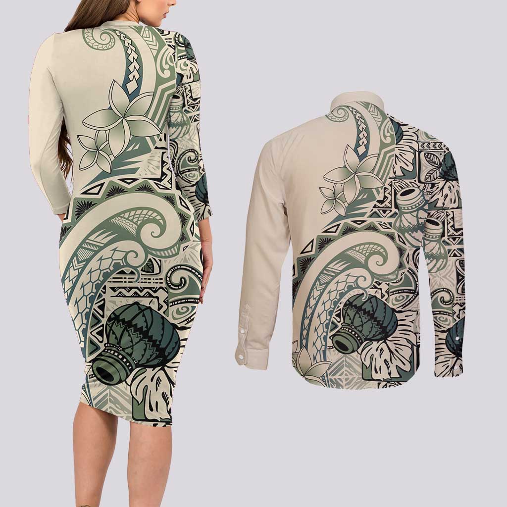 Aloha Hawaii Tapa Couples Matching Long Sleeve Bodycon Dress and Long Sleeve Button Shirt Summer Green Hawaiian Ipu LT7 - Polynesian Pride