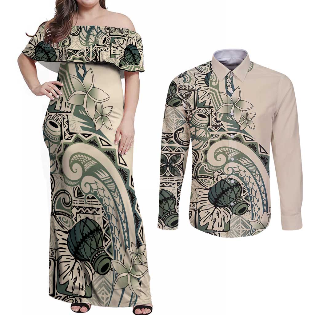 Aloha Hawaii Tapa Couples Matching Off Shoulder Maxi Dress and Long Sleeve Button Shirt Summer Green Hawaiian Ipu LT7 Emerald - Polynesian Pride