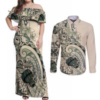 Aloha Hawaii Tapa Couples Matching Off Shoulder Maxi Dress and Long Sleeve Button Shirt Summer Green Hawaiian Ipu LT7 Emerald - Polynesian Pride