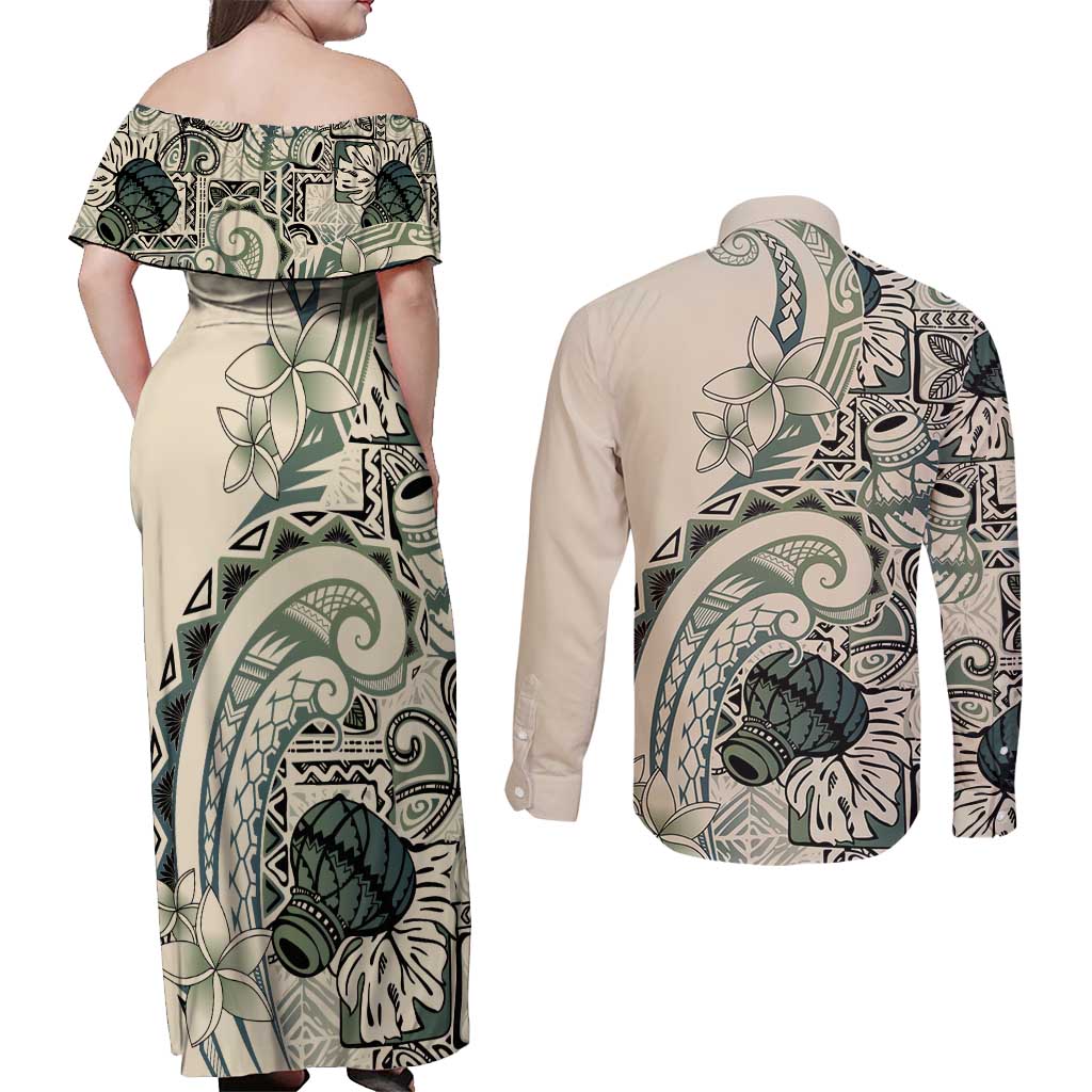 Aloha Hawaii Tapa Couples Matching Off Shoulder Maxi Dress and Long Sleeve Button Shirt Summer Green Hawaiian Ipu LT7 - Polynesian Pride