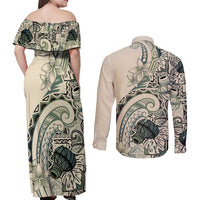 Aloha Hawaii Tapa Couples Matching Off Shoulder Maxi Dress and Long Sleeve Button Shirt Summer Green Hawaiian Ipu LT7 - Polynesian Pride