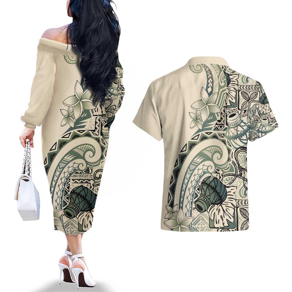 Aloha Hawaii Tapa Couples Matching Off The Shoulder Long Sleeve Dress and Hawaiian Shirt Summer Green Hawaiian Ipu - Polynesian Pride
