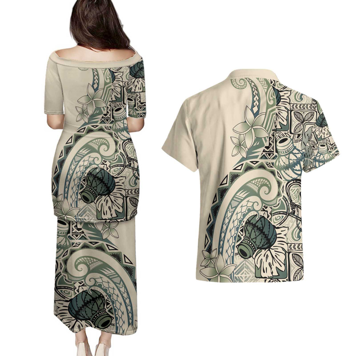 Aloha Hawaii Tapa Couples Matching Puletasi and Hawaiian Shirt Summer Green Hawaiian Ipu - Polynesian Pride