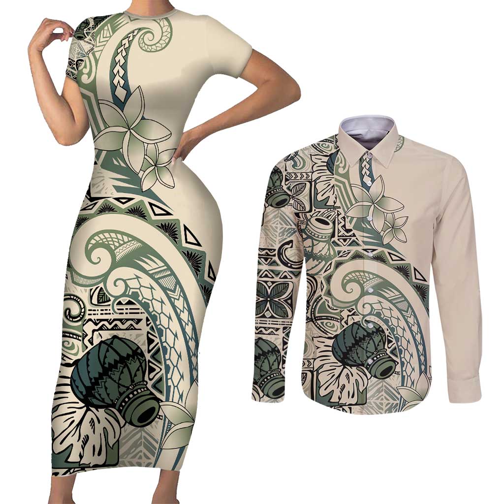 Aloha Hawaii Tapa Couples Matching Short Sleeve Bodycon Dress and Long Sleeve Button Shirt Summer Green Hawaiian Ipu - Polynesian Pride