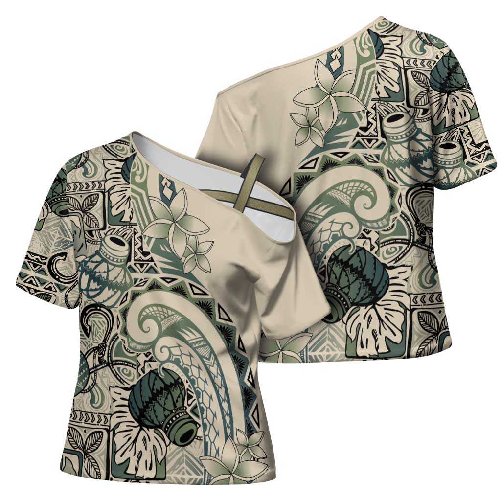 Aloha Hawaii Tapa Cross Shoulder Shirt Summer Green Hawaiian Ipu LT7 - Polynesian Pride