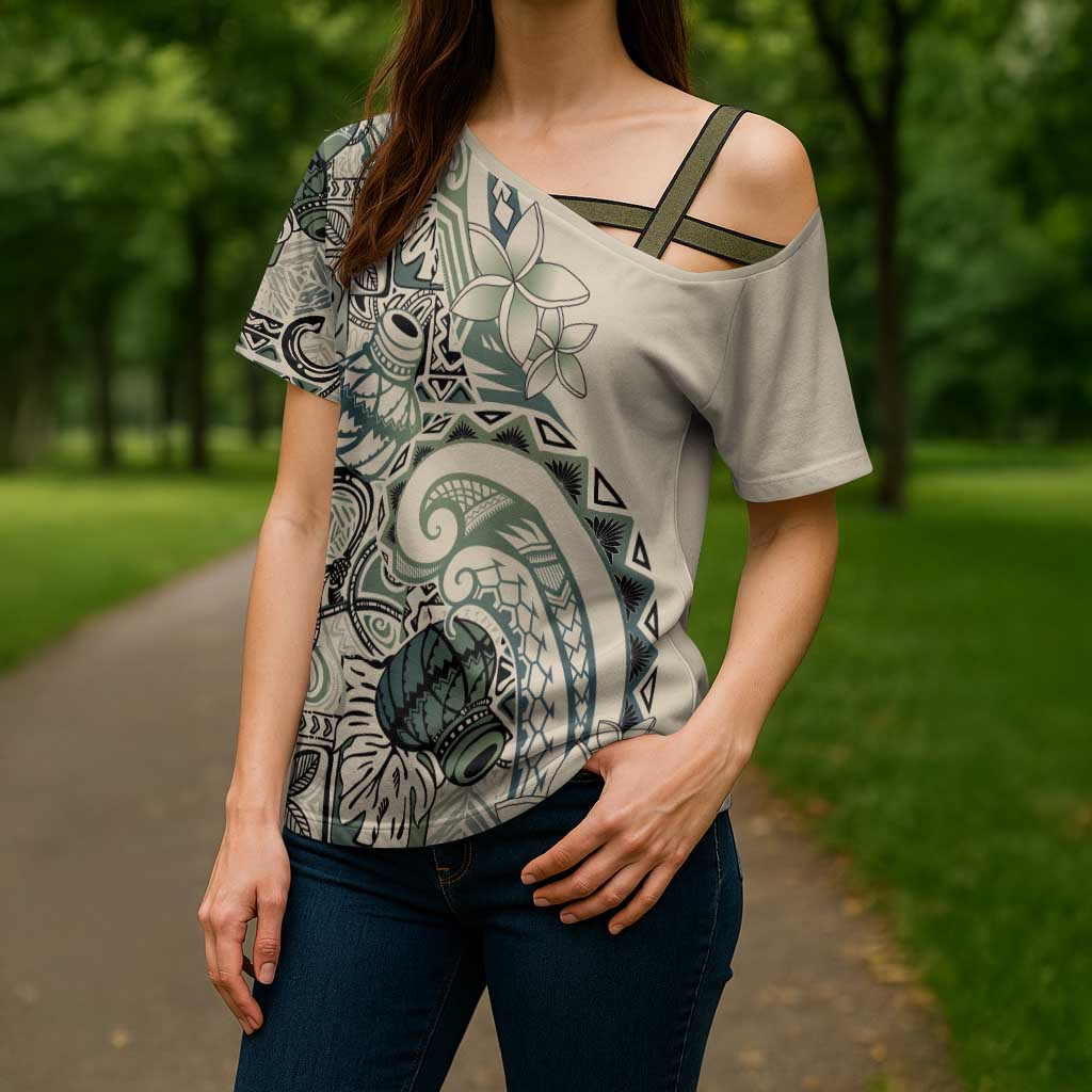 Aloha Hawaii Tapa Cross Shoulder Shirt Summer Green Hawaiian Ipu LT7 - Polynesian Pride