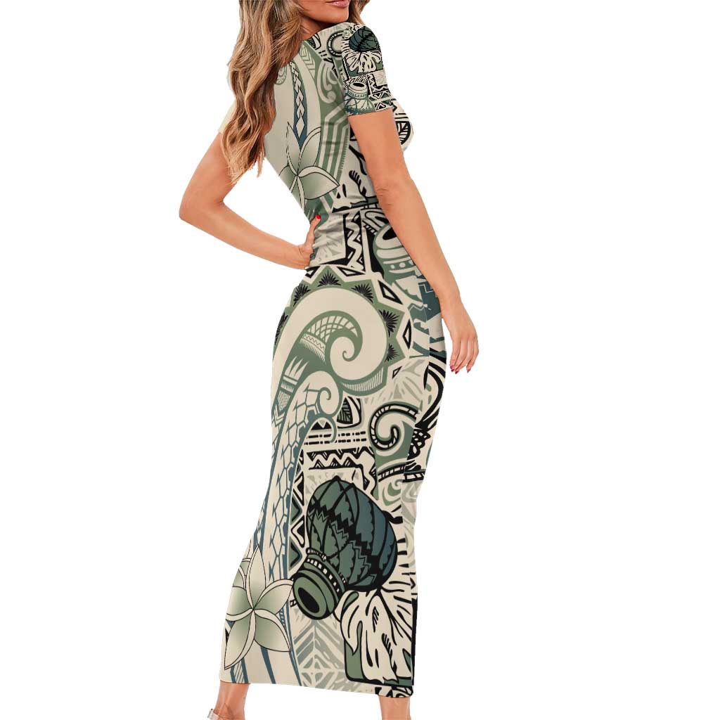 Aloha Hawaii Tapa Family Matching Short Sleeve Bodycon Dress and Hawaiian Shirt Summer Green Hawaiian Ipu - Polynesian Pride