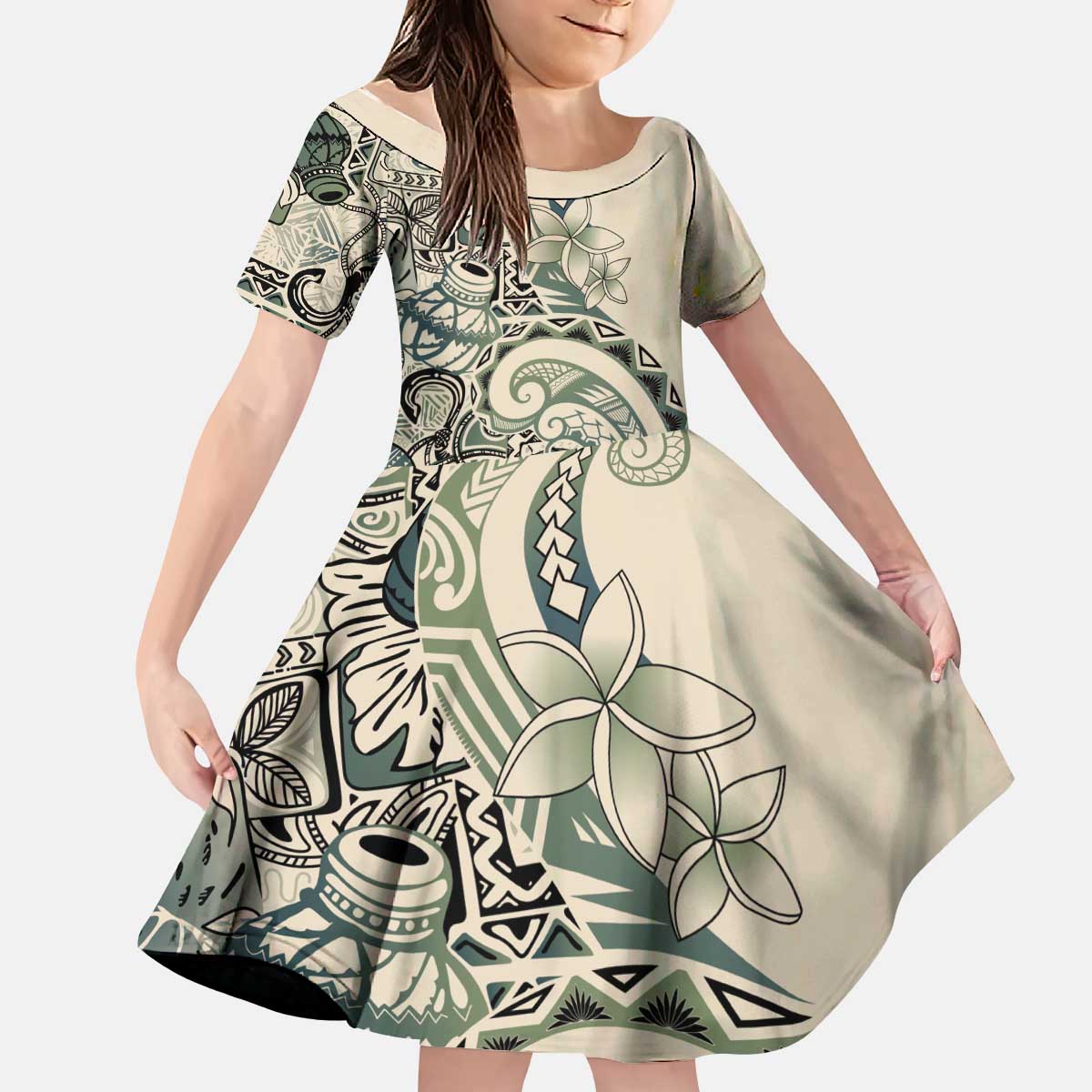Aloha Hawaii Tapa Kid Short Sleeve Dress Summer Green Hawaiian Ipu - Polynesian Pride