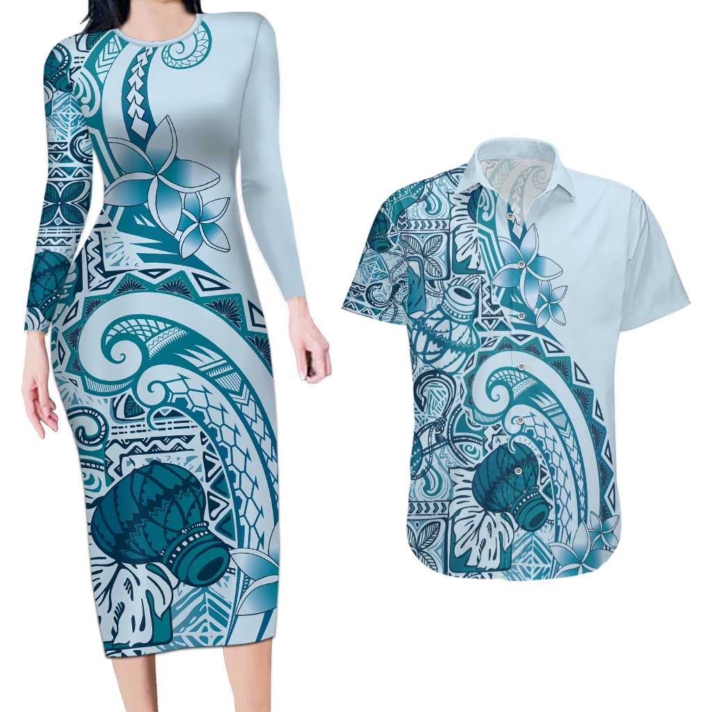 Aloha Hawaii Tapa Couples Matching Long Sleeve Bodycon Dress and Hawaiian Shirt Cool Turquoise Hawaiian Ipu - Polynesian Pride