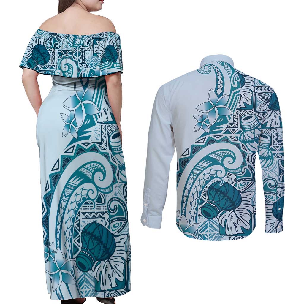 Aloha Hawaii Tapa Couples Matching Off Shoulder Maxi Dress and Long Sleeve Button Shirt Cool Turquoise Hawaiian Ipu - Polynesian Pride