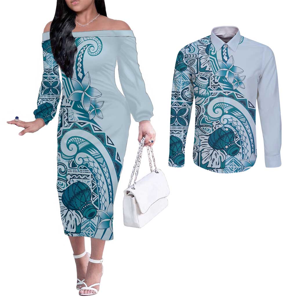 Aloha Hawaii Tapa Couples Matching Off The Shoulder Long Sleeve Dress and Long Sleeve Button Shirt Cool Turquoise Hawaiian Ipu - Polynesian Pride