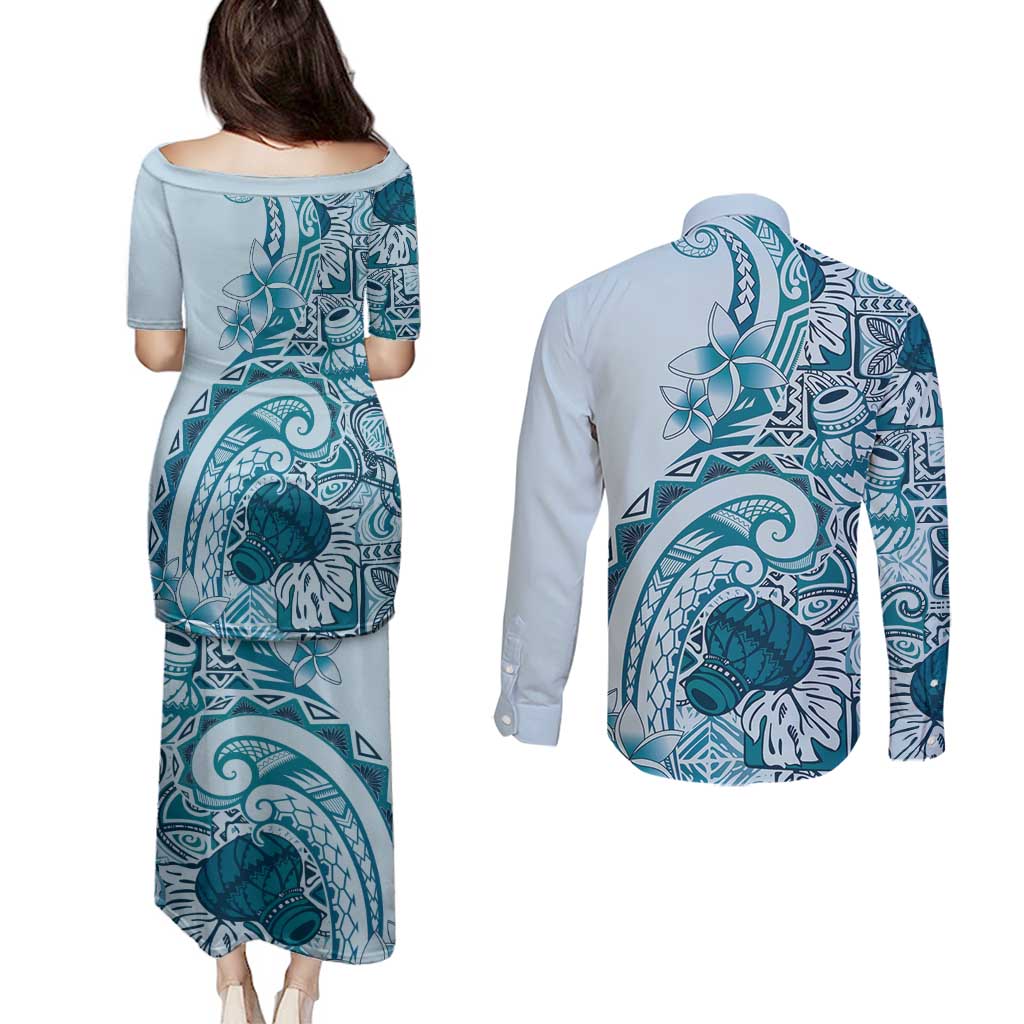 Aloha Hawaii Tapa Couples Matching Puletasi and Long Sleeve Button Shirt Cool Turquoise Hawaiian Ipu - Polynesian Pride