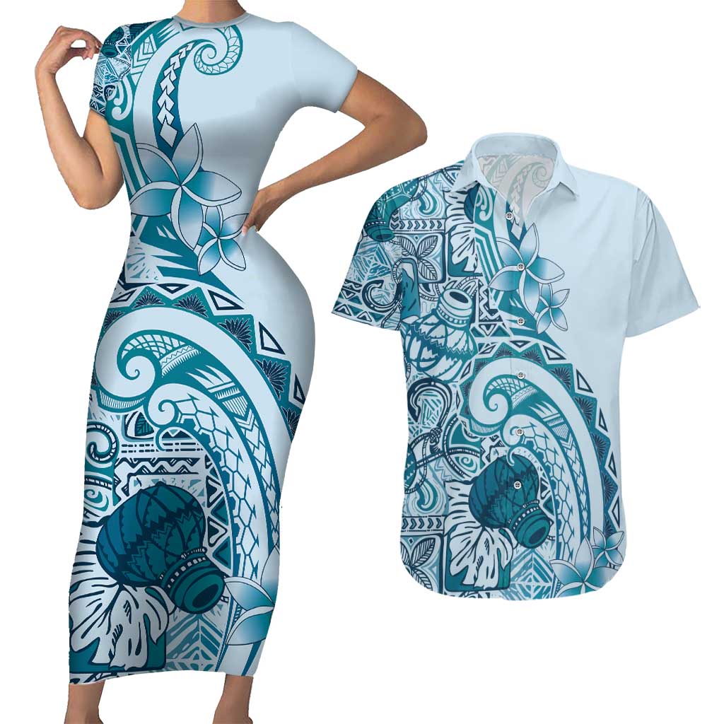 Aloha Hawaii Tapa Couples Matching Short Sleeve Bodycon Dress and Hawaiian Shirt Cool Turquoise Hawaiian Ipu - Polynesian Pride