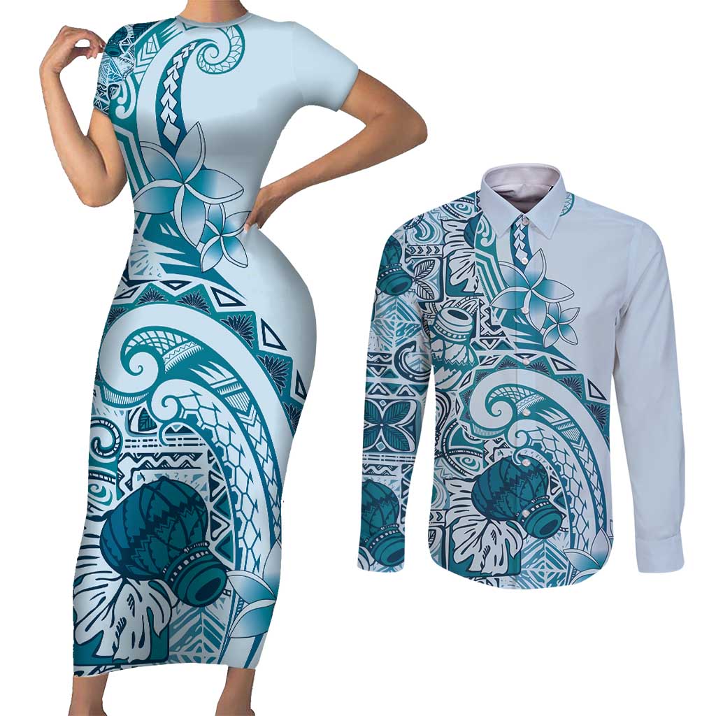 Aloha Hawaii Tapa Couples Matching Short Sleeve Bodycon Dress and Long Sleeve Button Shirt Cool Turquoise Hawaiian Ipu - Polynesian Pride