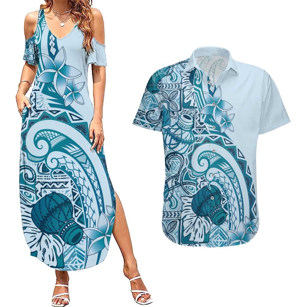 Aloha Hawaii Tapa Couples Matching Summer Maxi Dress and Hawaiian Shirt Cool Turquoise Hawaiian Ipu - Polynesian Pride