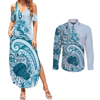 Aloha Hawaii Tapa Couples Matching Summer Maxi Dress and Long Sleeve Button Shirt Cool Turquoise Hawaiian Ipu - Polynesian Pride