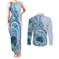 Aloha Hawaii Tapa Couples Matching Tank Maxi Dress and Long Sleeve Button Shirt Cool Turquoise Hawaiian Ipu - Polynesian Pride