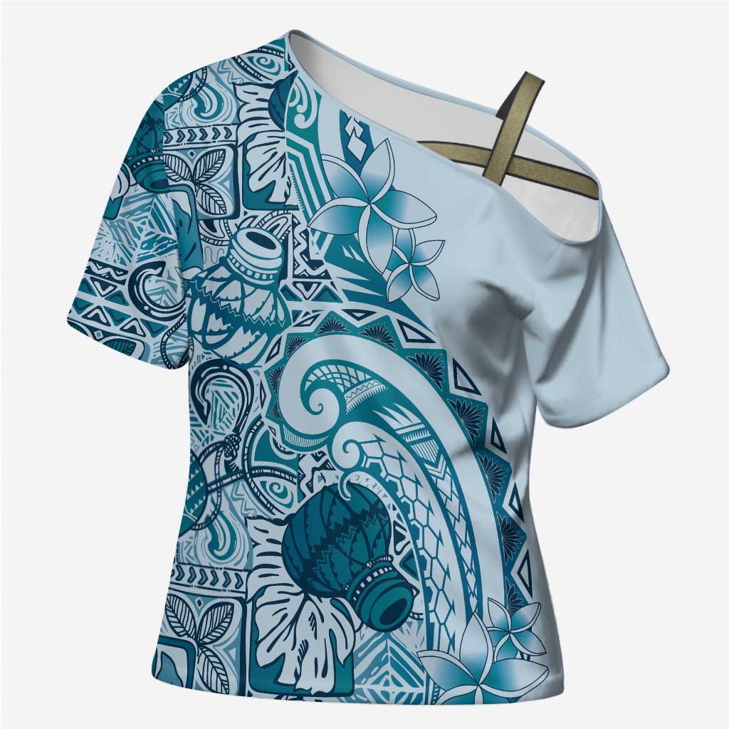 Aloha Hawaii Tapa Cross Shoulder Shirt Cool Turquoise Hawaiian Ipu LT7 Female Turquoise - Polynesian Pride