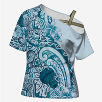 Aloha Hawaii Tapa Cross Shoulder Shirt Cool Turquoise Hawaiian Ipu LT7 Female Turquoise - Polynesian Pride