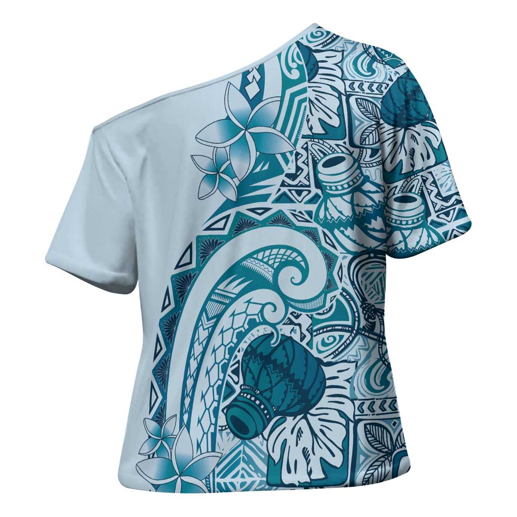 Aloha Hawaii Tapa Cross Shoulder Shirt Cool Turquoise Hawaiian Ipu LT7 - Polynesian Pride