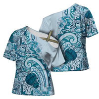 Aloha Hawaii Tapa Cross Shoulder Shirt Cool Turquoise Hawaiian Ipu LT7 - Polynesian Pride