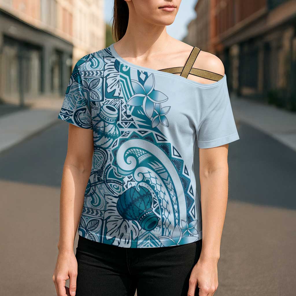Aloha Hawaii Tapa Cross Shoulder Shirt Cool Turquoise Hawaiian Ipu LT7 - Polynesian Pride