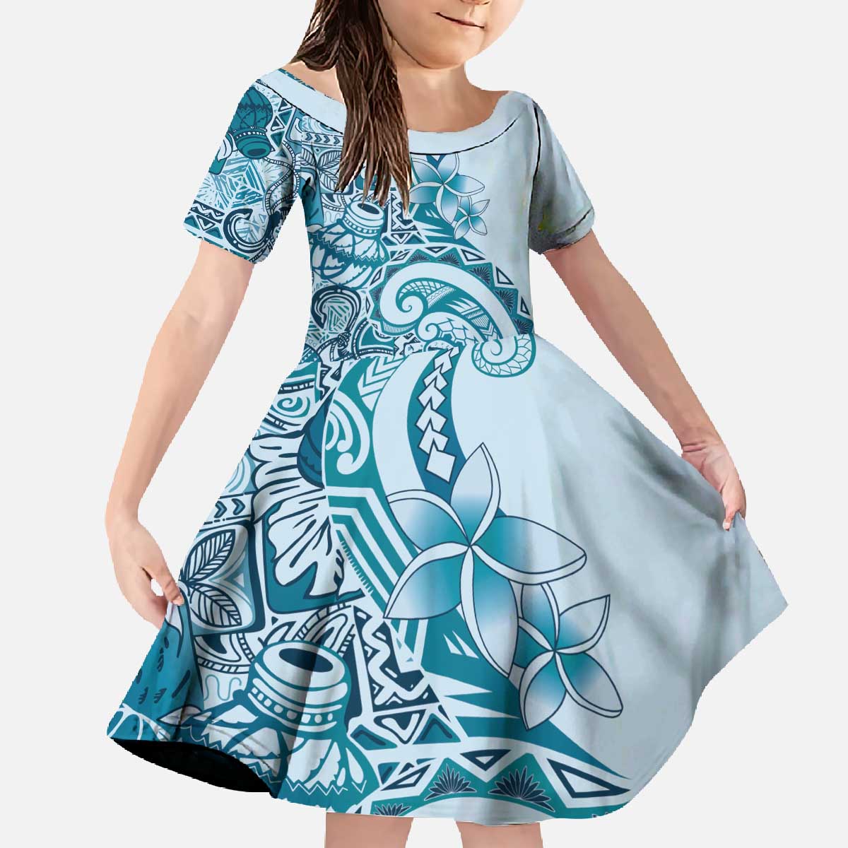Aloha Hawaii Tapa Family Matching Off The Shoulder Long Sleeve Dress and Hawaiian Shirt Cool Turquoise Hawaiian Ipu - Polynesian Pride