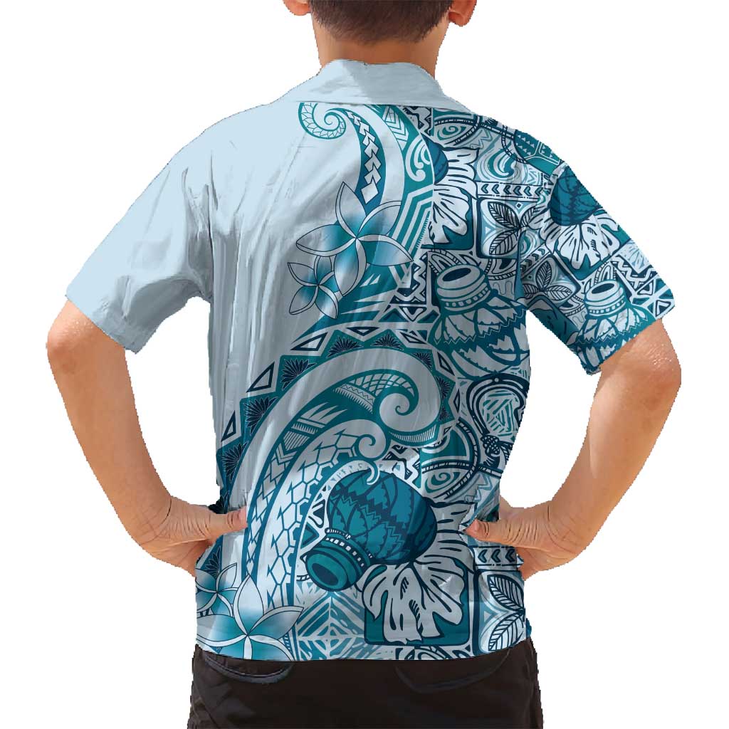 Aloha Hawaii Tapa Family Matching Off Shoulder Short Dress and Hawaiian Shirt Cool Turquoise Hawaiian Ipu - Polynesian Pride