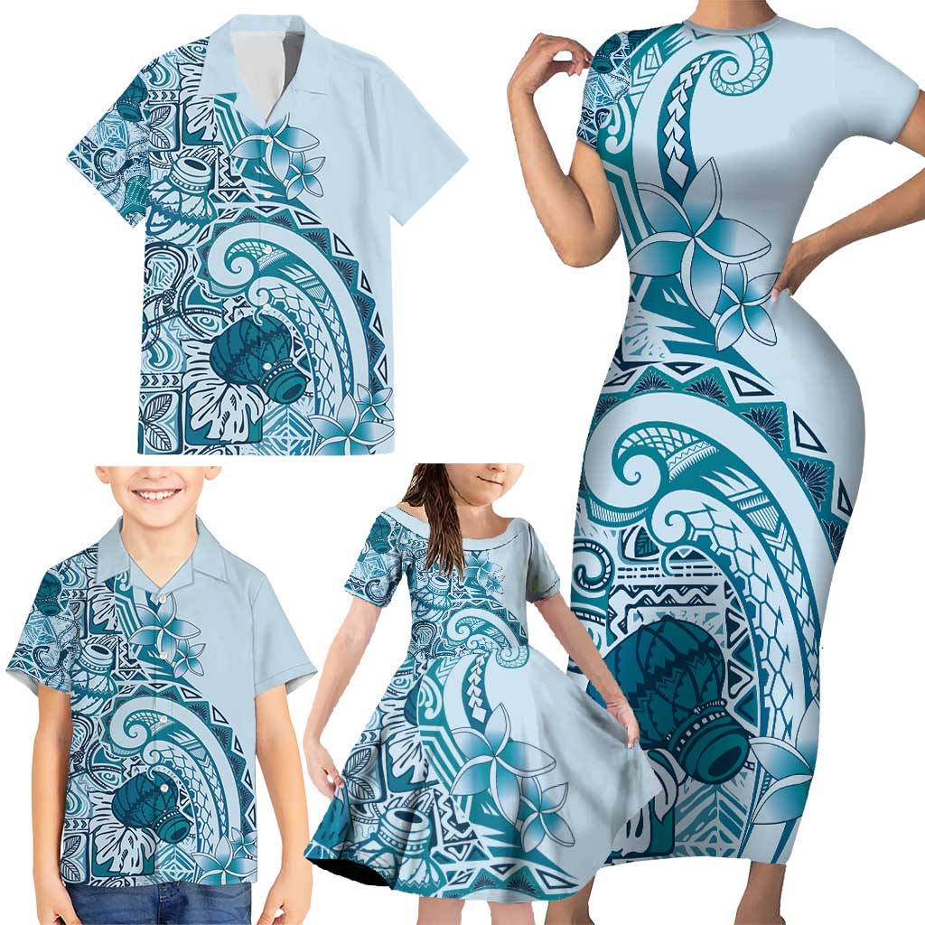 Aloha Hawaii Tapa Family Matching Short Sleeve Bodycon Dress and Hawaiian Shirt Cool Turquoise Hawaiian Ipu - Polynesian Pride