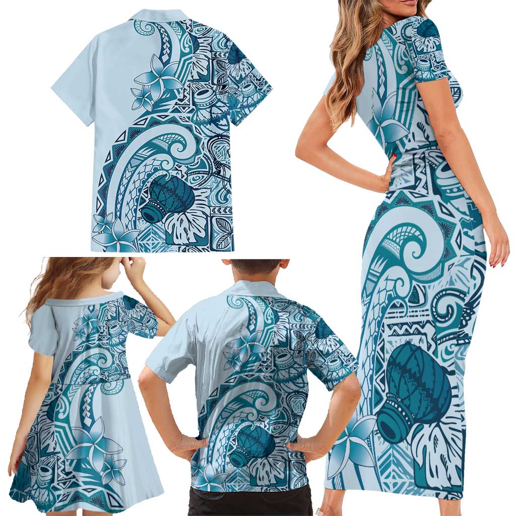 Aloha Hawaii Tapa Family Matching Short Sleeve Bodycon Dress and Hawaiian Shirt Cool Turquoise Hawaiian Ipu - Polynesian Pride