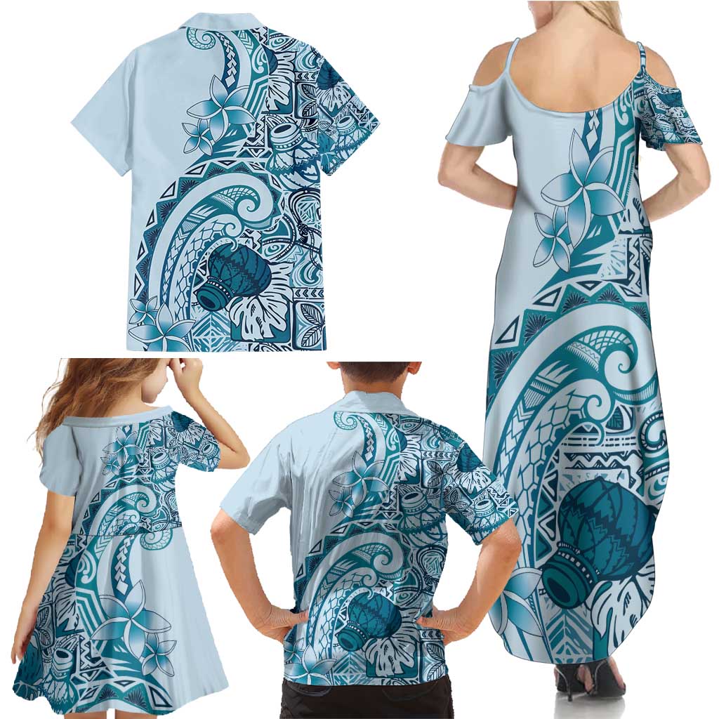 Aloha Hawaii Tapa Family Matching Summer Maxi Dress and Hawaiian Shirt Cool Turquoise Hawaiian Ipu - Polynesian Pride