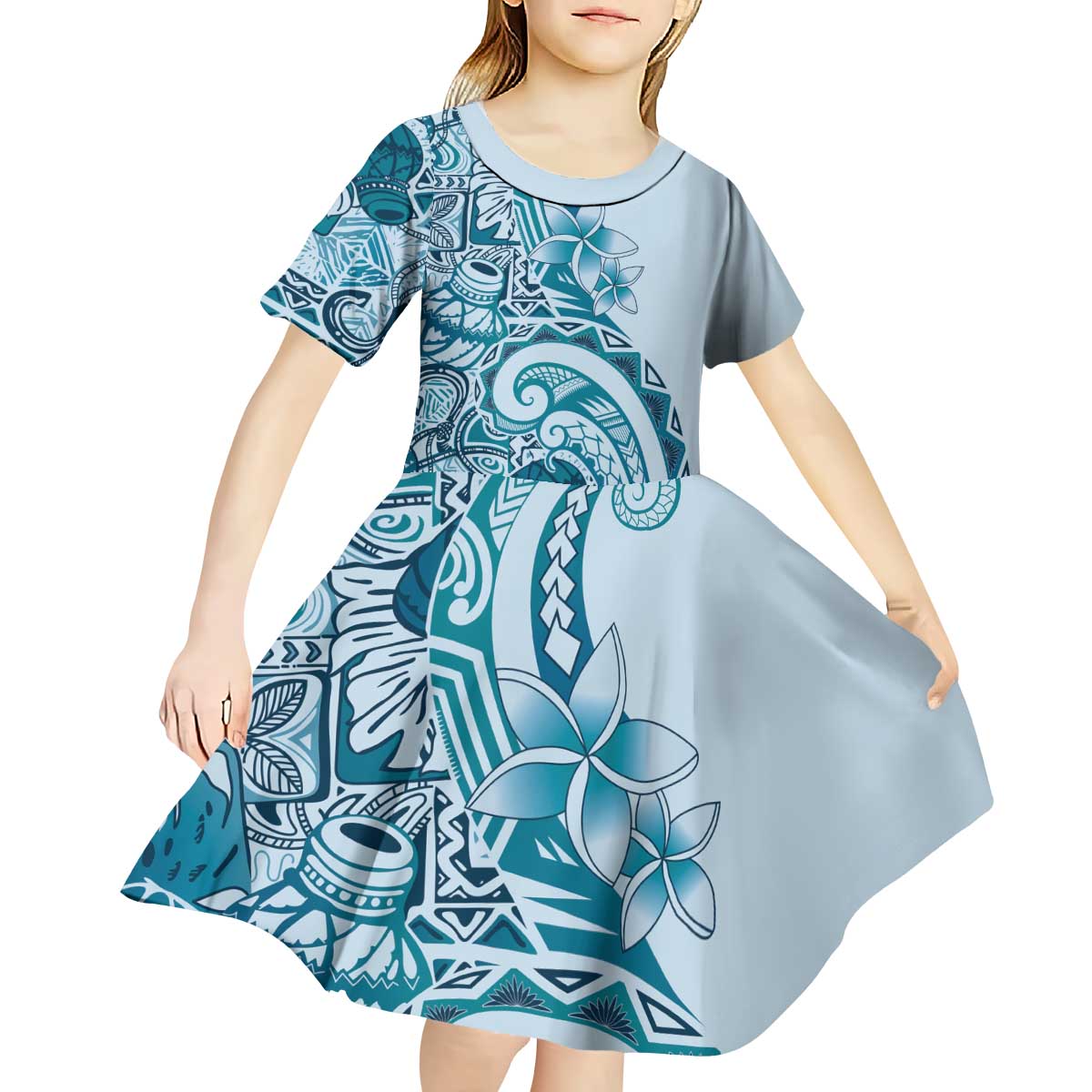 Aloha Hawaii Tapa Kid Short Sleeve Dress Cool Turquoise Hawaiian Ipu LT7 - Polynesian Pride
