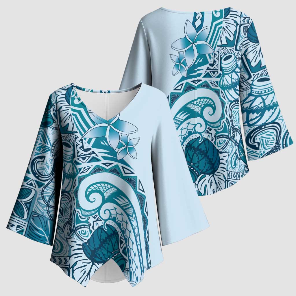 Aloha Hawaii Tapa Kimono Sleeve Blouse Cool Turquoise Hawaiian Ipu - Polynesian Pride