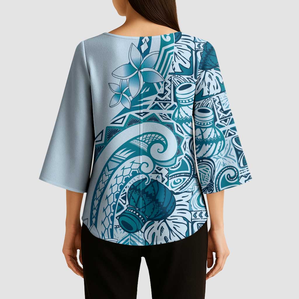 Aloha Hawaii Tapa Kimono Sleeve Blouse Cool Turquoise Hawaiian Ipu - Polynesian Pride