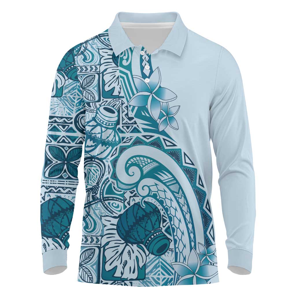 Aloha Hawaii Tapa Long Sleeve Polo Shirt Cool Turquoise Hawaiian Ipu - Polynesian Pride