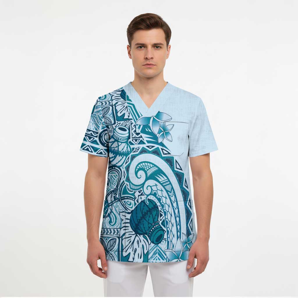 Aloha Hawaii Tapa Scrub Top Cool Turquoise Hawaiian Ipu - Polynesian Pride