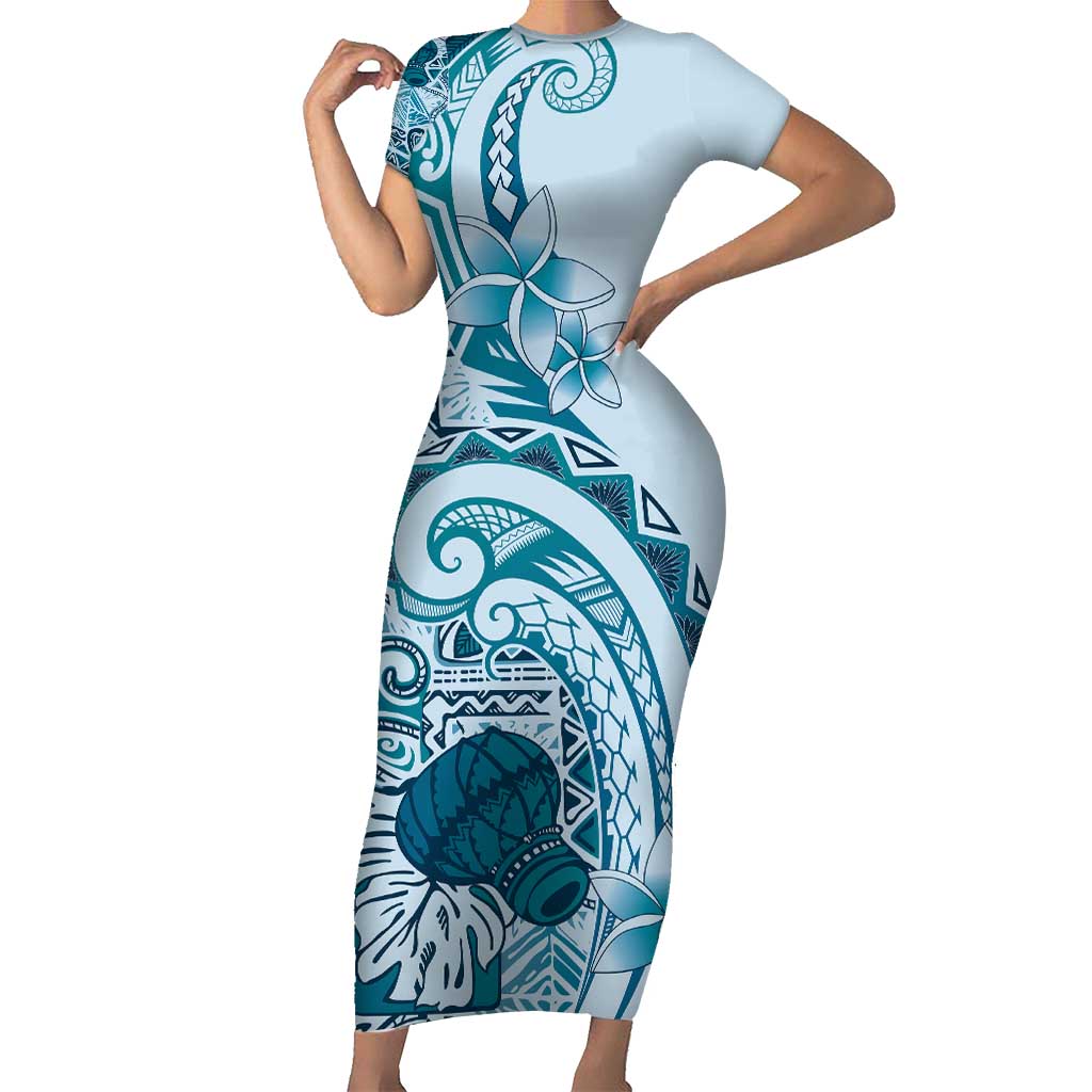 Aloha Hawaii Tapa Short Sleeve Bodycon Dress Cool Turquoise Hawaiian Ipu - Polynesian Pride