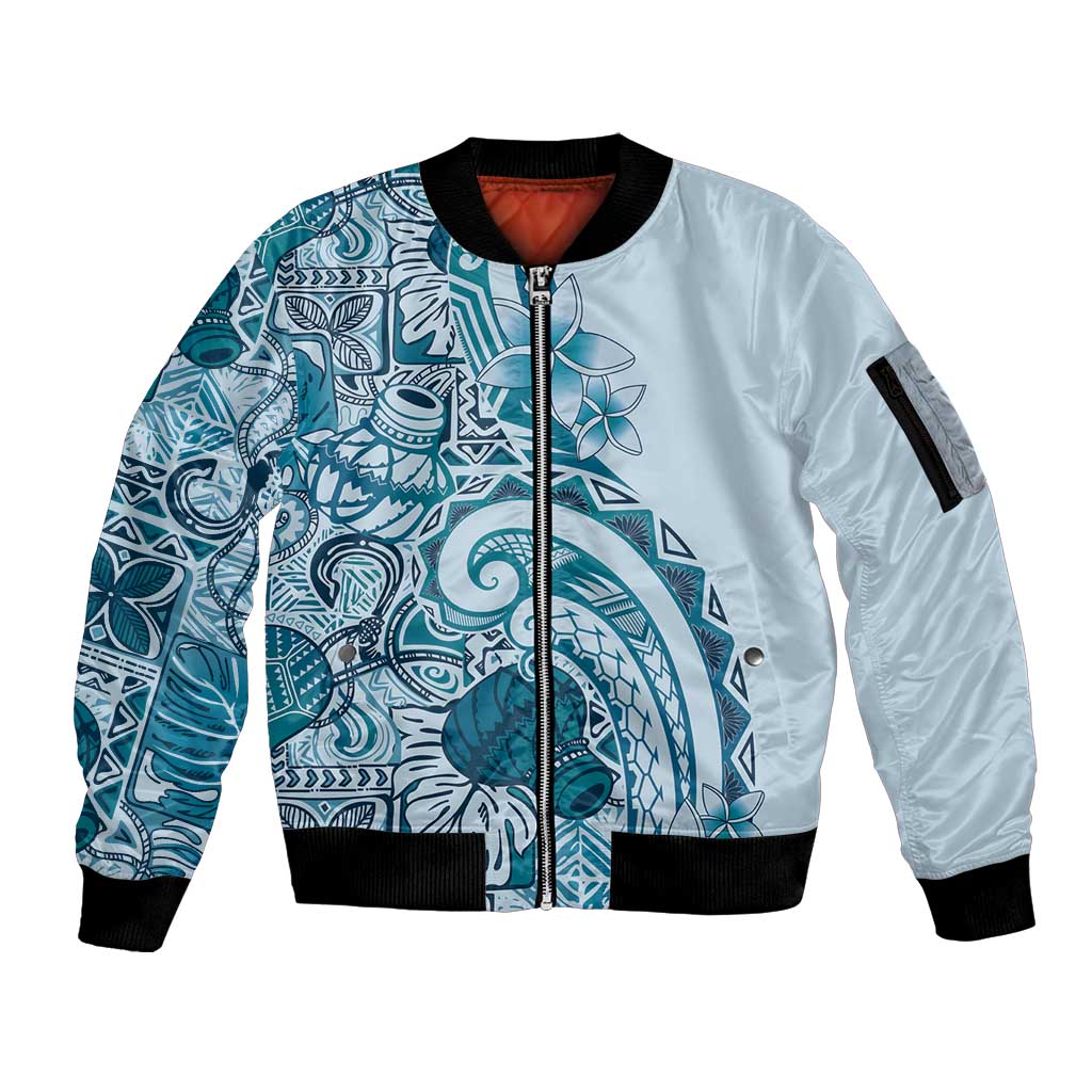 Aloha Hawaii Tapa Sleeve Zip Bomber Jacket Cool Turquoise Hawaiian Ipu - Polynesian Pride