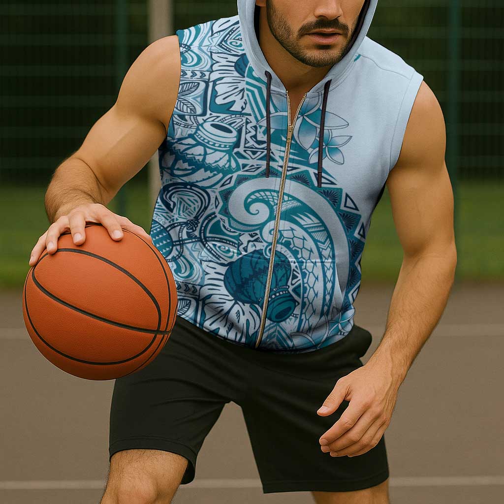 Aloha Hawaii Tapa Sleeveless Zip Hoodie Cool Turquoise Hawaiian Ipu - Polynesian Pride