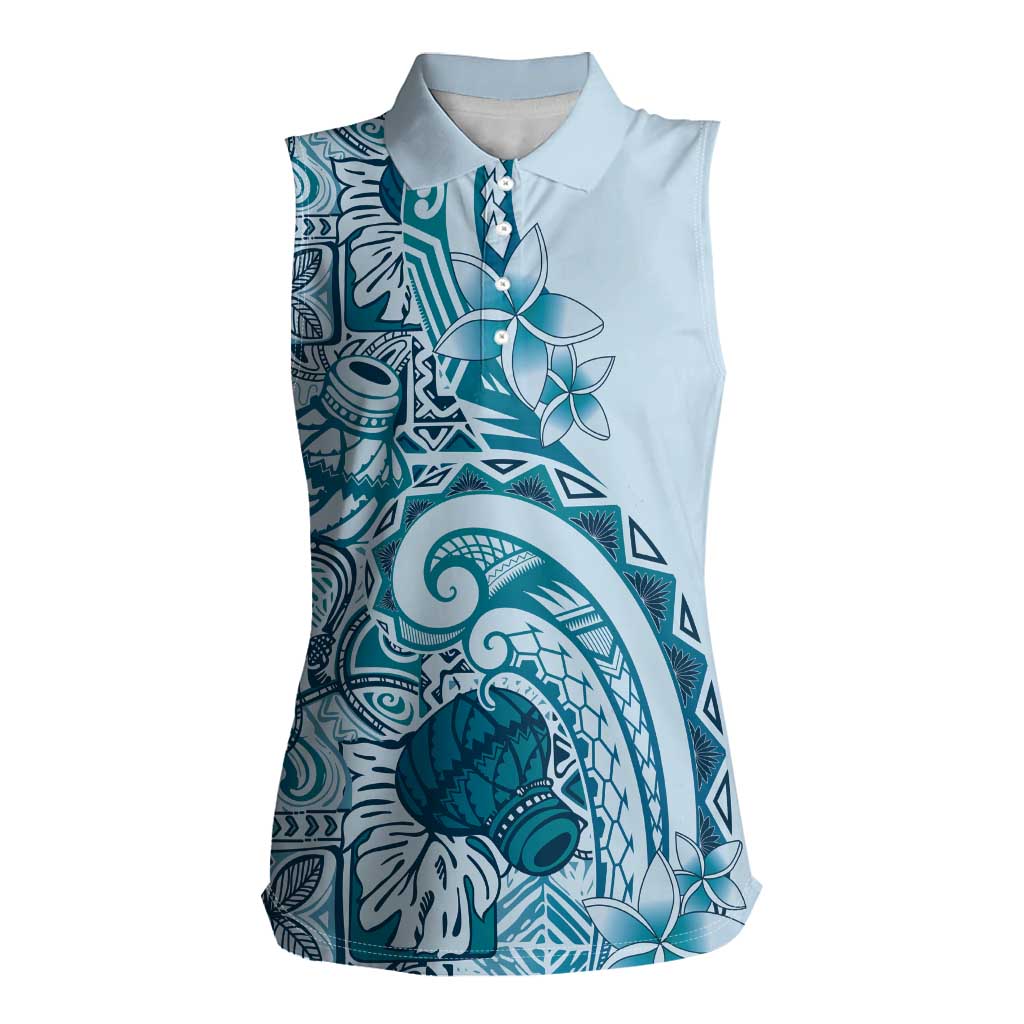 Aloha Hawaii Tapa Women Sleeveless Polo Shirt Cool Turquoise Hawaiian Ipu - Polynesian Pride